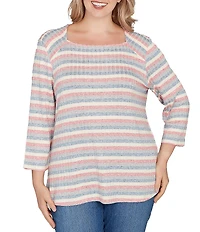 Ruby Rd. Plus Size Marled Stripe Ribbed Knit Square Neck 3/4 Sleeve Top