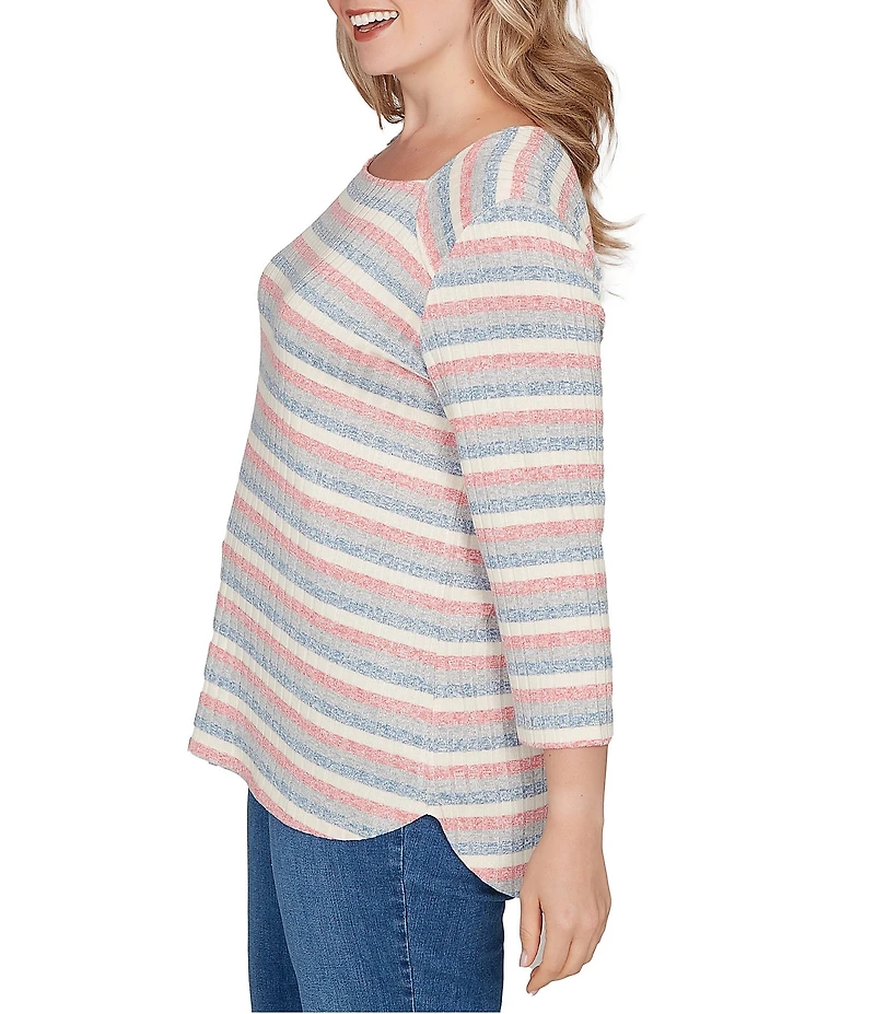 Ruby Rd. Plus Size Marled Stripe Ribbed Knit Square Neck 3/4 Sleeve Top