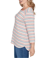 Ruby Rd. Plus Size Marled Stripe Ribbed Knit Square Neck 3/4 Sleeve Top