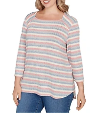 Ruby Rd. Plus Size Marled Stripe Ribbed Knit Square Neck 3/4 Sleeve Top