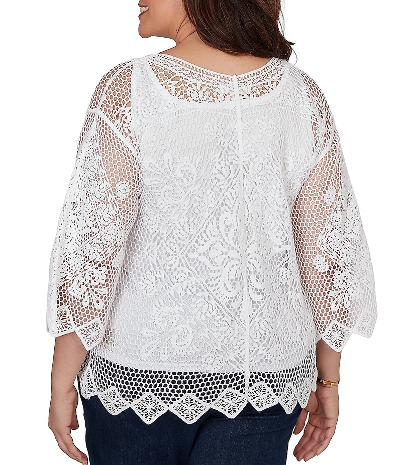 Ruby Rd. Plus Size Medallion Crochet Lace Scoop Neck 3/4 Sleeve Top