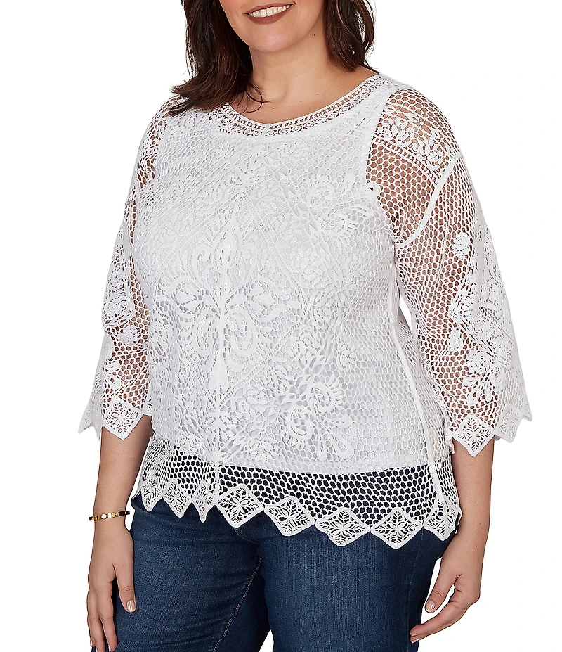 Ruby Rd. Plus Size Medallion Crochet Lace Scoop Neck 3/4 Sleeve Top