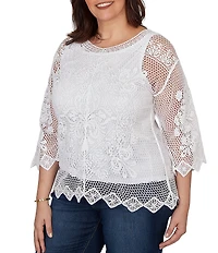 Ruby Rd. Plus Size Medallion Crochet Lace Scoop Neck 3/4 Sleeve Top