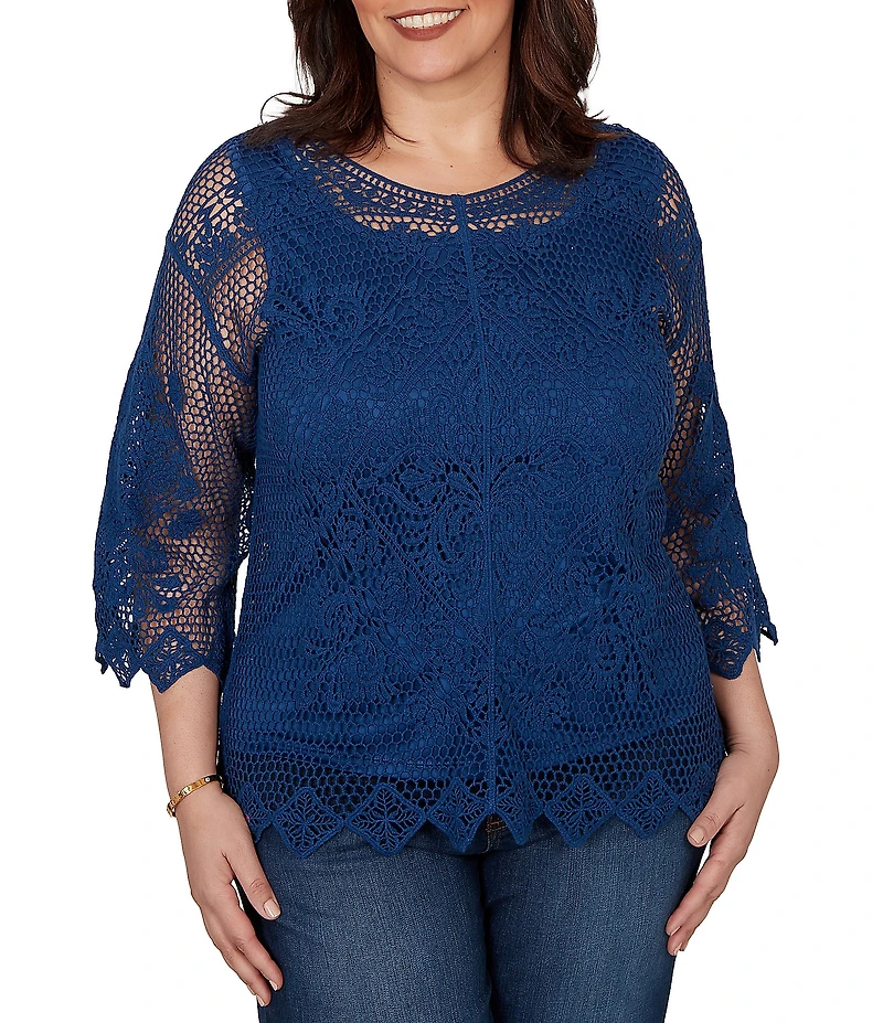 Ruby Rd. Plus Size Medallion Crochet Lace Scoop Neck 3/4 Sleeve Top