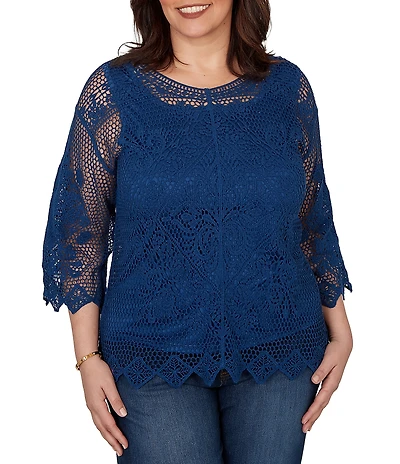 Ruby Rd. Plus Size Medallion Crochet Lace Scoop Neck 3/4 Sleeve Top