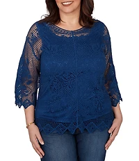 Ruby Rd. Plus Size Medallion Crochet Lace Scoop Neck 3/4 Sleeve Top