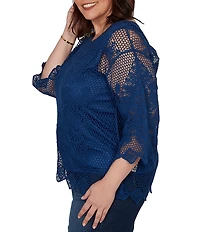 Ruby Rd. Plus Size Medallion Crochet Lace Scoop Neck 3/4 Sleeve Top