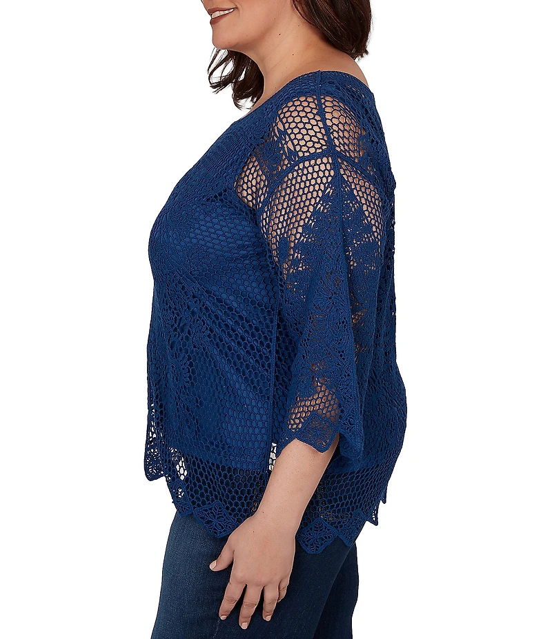 Ruby Rd. Plus Size Medallion Crochet Lace Scoop Neck 3/4 Sleeve Top
