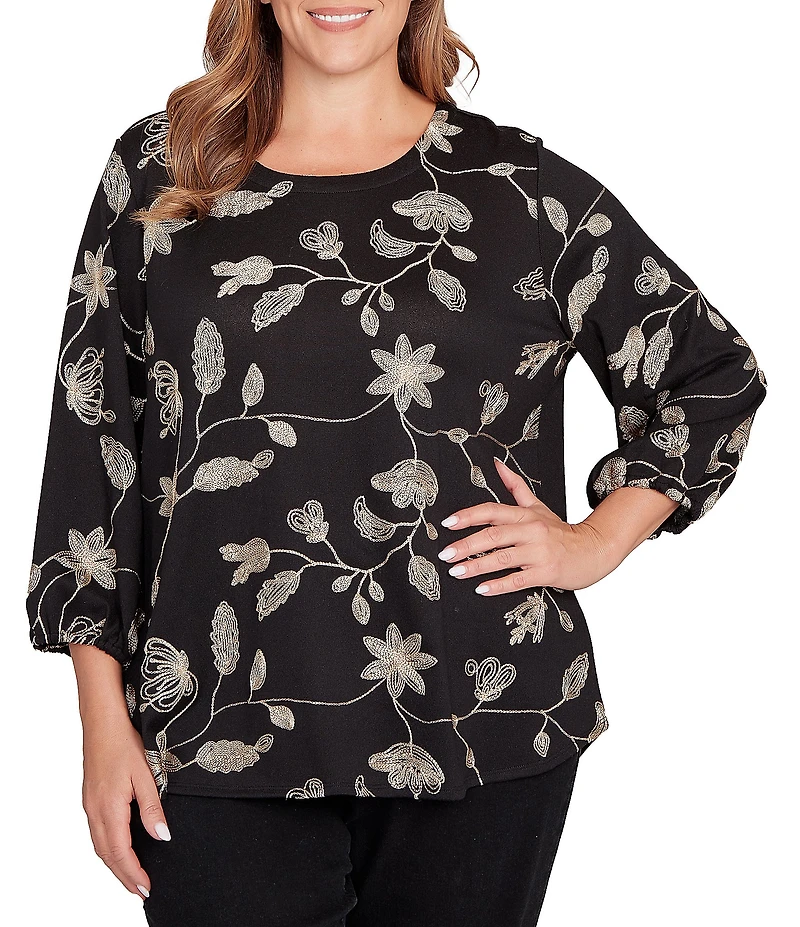 Ruby Rd. Plus Size Metallic Embroidered Floral Crew Neck 3/4 Sleeve Top