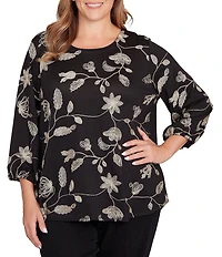 Ruby Rd. Plus Size Metallic Embroidered Floral Crew Neck 3/4 Sleeve Top