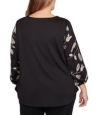 Ruby Rd. Plus Size Metallic Embroidered Floral Crew Neck 3/4 Sleeve Top