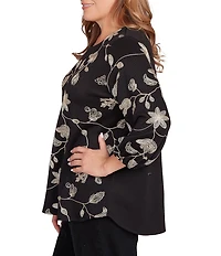 Ruby Rd. Plus Size Metallic Embroidered Floral Crew Neck 3/4 Sleeve Top