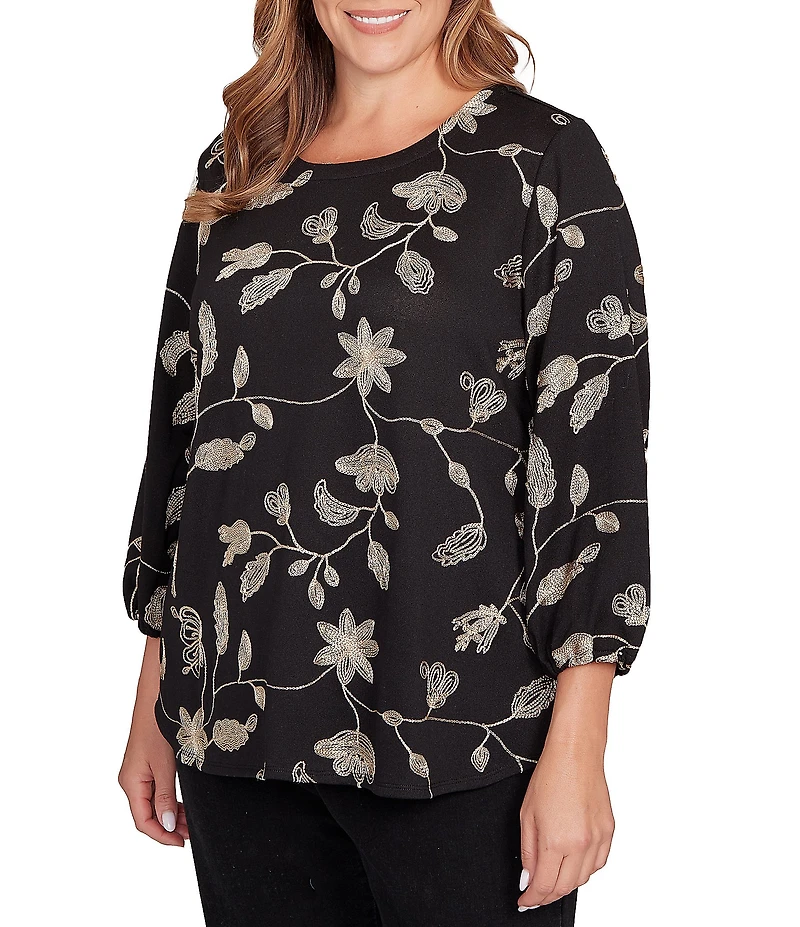 Ruby Rd. Plus Size Metallic Embroidered Floral Crew Neck 3/4 Sleeve Top