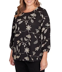 Ruby Rd. Plus Size Metallic Embroidered Floral Crew Neck 3/4 Sleeve Top
