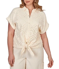 Ruby Rd. Plus Size Mixed Media Point Collar Short Rolled Cuff Sleeve Button Tie-Front Top