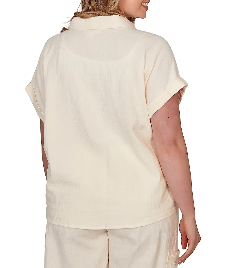 Ruby Rd. Plus Size Mixed Media Point Collar Short Rolled Cuff Sleeve Button Tie-Front Top