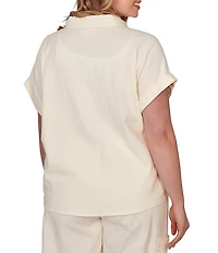 Ruby Rd. Plus Size Mixed Media Point Collar Short Rolled Cuff Sleeve Button Tie-Front Top