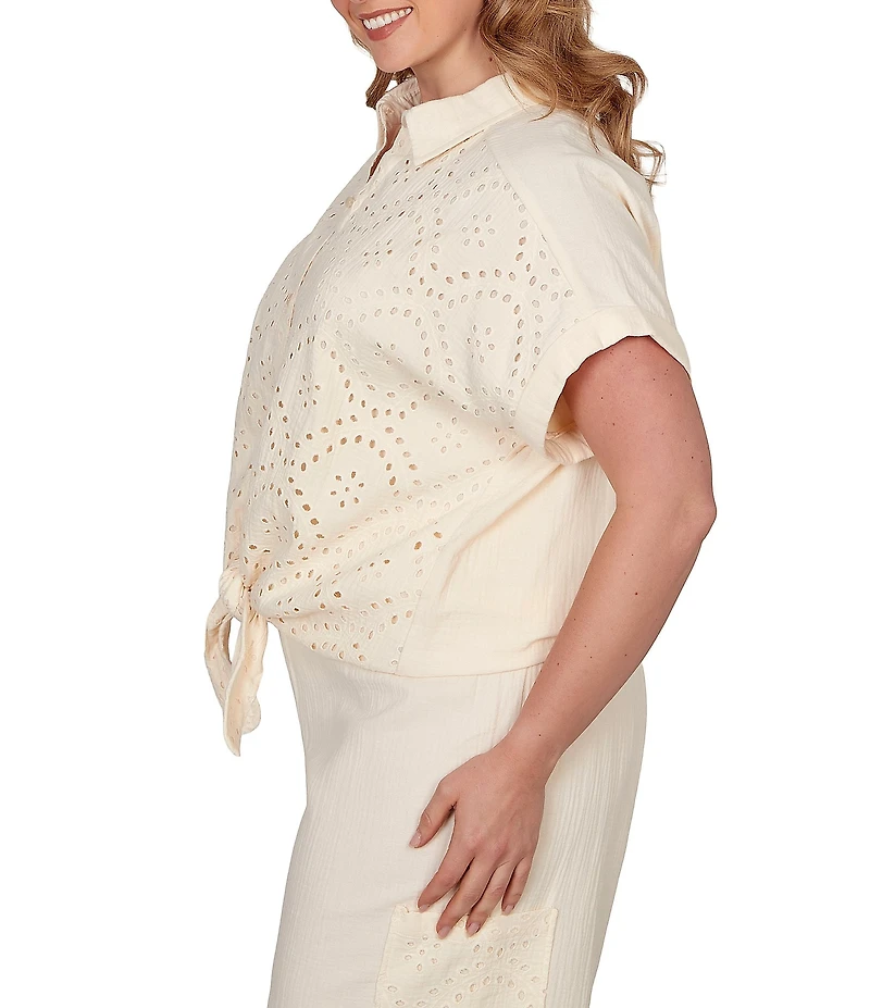 Ruby Rd. Plus Size Mixed Media Point Collar Short Rolled Cuff Sleeve Button Tie-Front Top