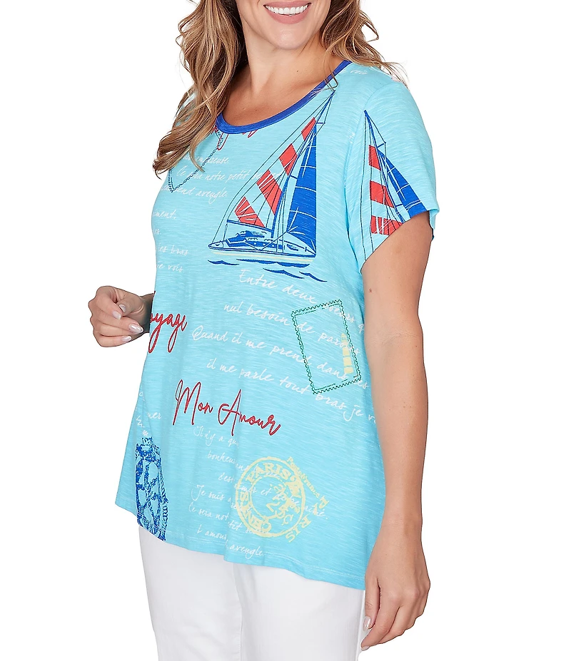 Ruby Rd. Plus Size Nautical Bon Voyage Slub Jersey Crew Neck Short Sleeve Knit Tee