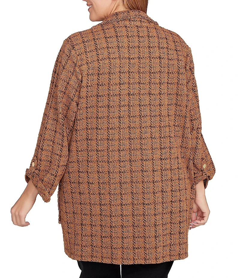 Ruby Rd. Plus Size Notch Lapel Collar Long Roll-Tab Sleeve Open Front Tweed Jacket