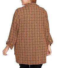 Ruby Rd. Plus Size Notch Lapel Collar Long Roll-Tab Sleeve Open Front Tweed Jacket