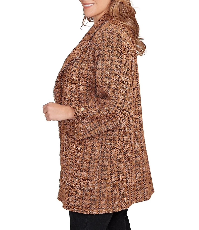 Ruby Rd. Plus Size Notch Lapel Collar Long Roll-Tab Sleeve Open Front Tweed Jacket
