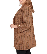 Ruby Rd. Plus Size Notch Lapel Collar Long Roll-Tab Sleeve Open Front Tweed Jacket