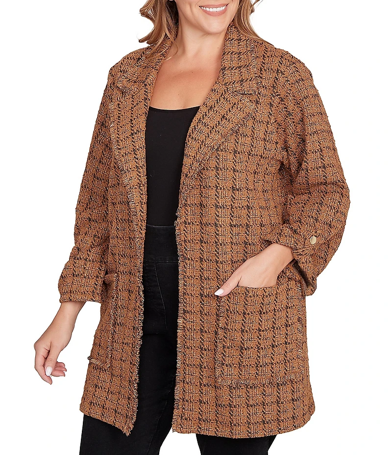 Ruby Rd. Plus Size Notch Lapel Collar Long Roll-Tab Sleeve Open Front Tweed Jacket