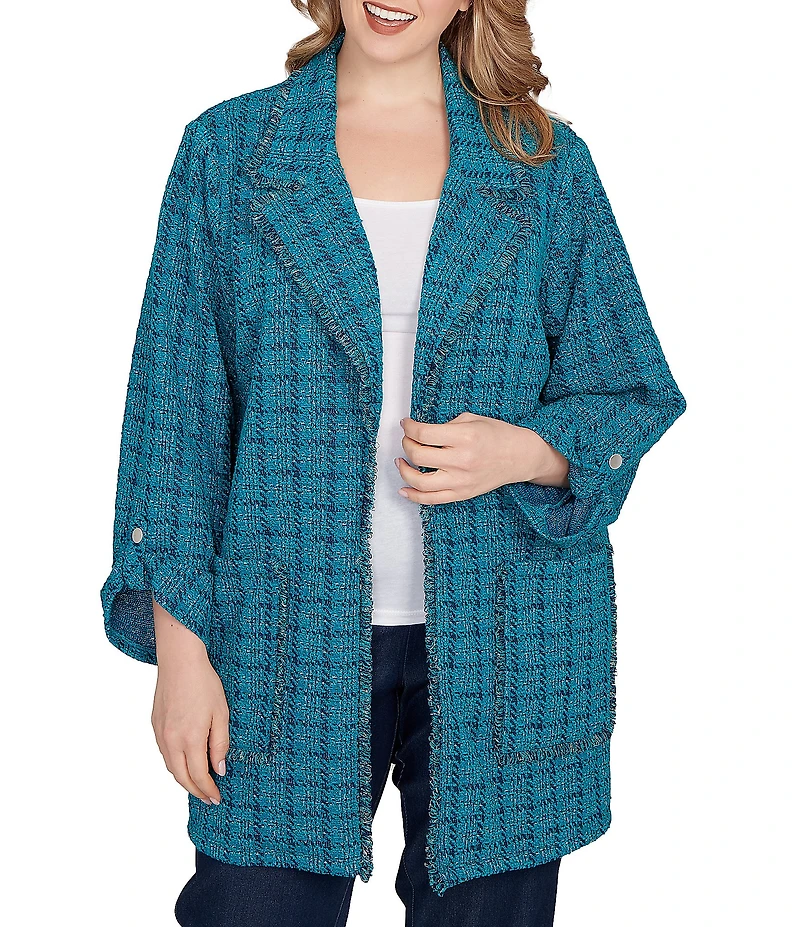 Ruby Rd. Plus Size Notch Lapel Collar Long Roll-Tab Sleeve Open-Front Tweed Jacket