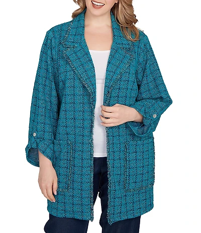 Ruby Rd. Plus Size Notch Lapel Collar Long Roll-Tab Sleeve Open-Front Tweed Jacket