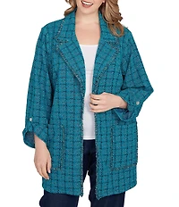 Ruby Rd. Plus Size Notch Lapel Collar Long Roll-Tab Sleeve Open-Front Tweed Jacket