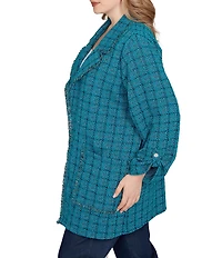Ruby Rd. Plus Size Notch Lapel Collar Long Roll-Tab Sleeve Open-Front Tweed Jacket