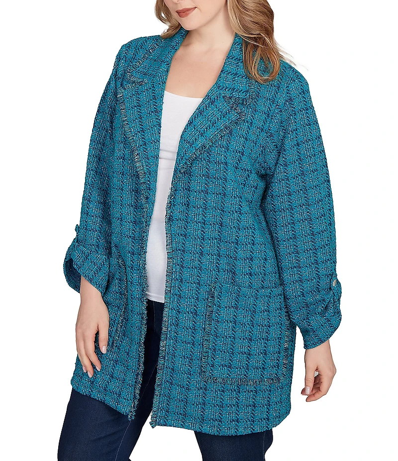 Ruby Rd. Plus Size Notch Lapel Collar Long Roll-Tab Sleeve Open-Front Tweed Jacket