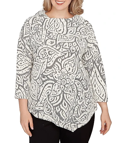 Ruby Rd. Plus Size Paisley Jacquard Split Cowl Neck 3/4 Sleeve Asymmetric Hem Top