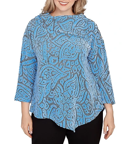 Ruby Rd. Plus Size Paisley Jacquard Split Cowl Neck 3/4 Sleeve Asymmetric Hem Top