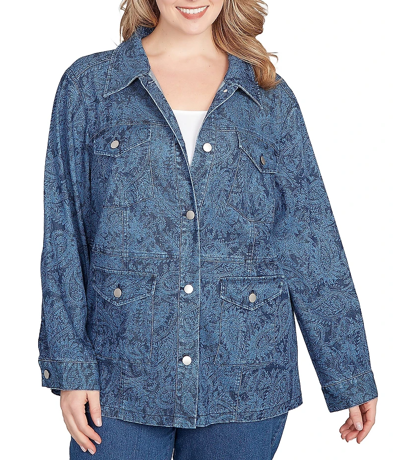 Ruby Rd. Plus Size Paisley Point Collar Long Sleeve Button Front Jacket