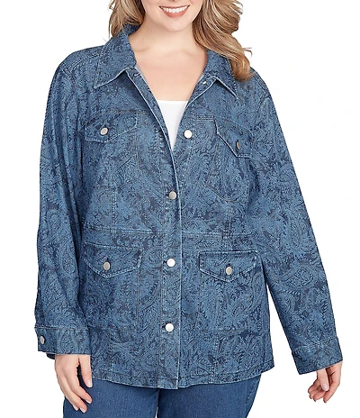 Ruby Rd. Plus Size Paisley Point Collar Long Sleeve Button Front Jacket