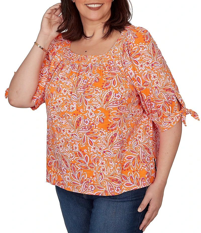 Ruby Rd. Plus Size Paisley Square Neck 3/4 Sleeve Knit Top