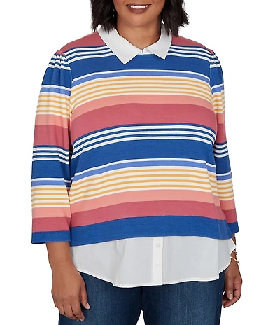 Ruby Rd. Plus Size Pique Knit Game Stripe Layered Point Collar 3/4 Sleeve Top