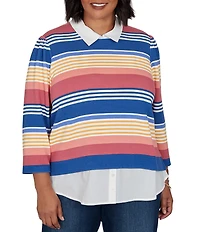 Ruby Rd. Plus Size Pique Knit Game Stripe Layered Point Collar 3/4 Sleeve Top