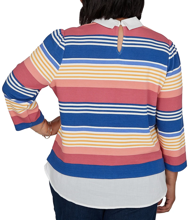 Ruby Rd. Plus Size Pique Knit Game Stripe Layered Point Collar 3/4 Sleeve Top