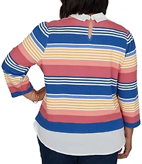 Ruby Rd. Plus Size Pique Knit Game Stripe Layered Point Collar 3/4 Sleeve Top