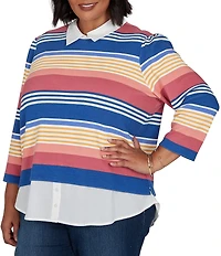 Ruby Rd. Plus Size Pique Knit Game Stripe Layered Point Collar 3/4 Sleeve Top