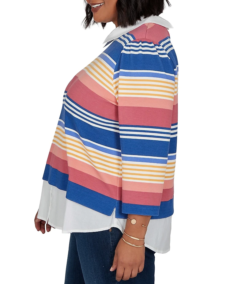 Ruby Rd. Plus Size Pique Knit Game Stripe Layered Point Collar 3/4 Sleeve Top