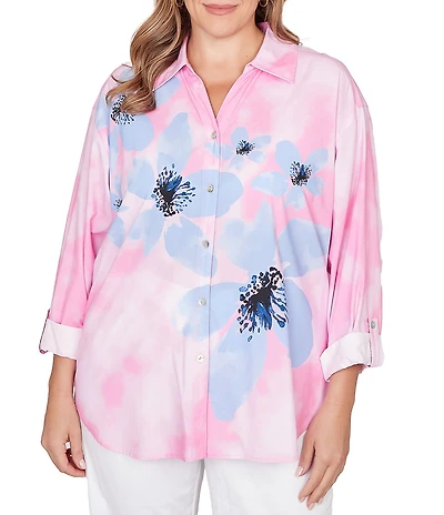 Ruby Rd. Plus Size Poplin Woven Watercolor Floral Point Collar 3/4 Roll-Tab Sleeve Button Front Shirt