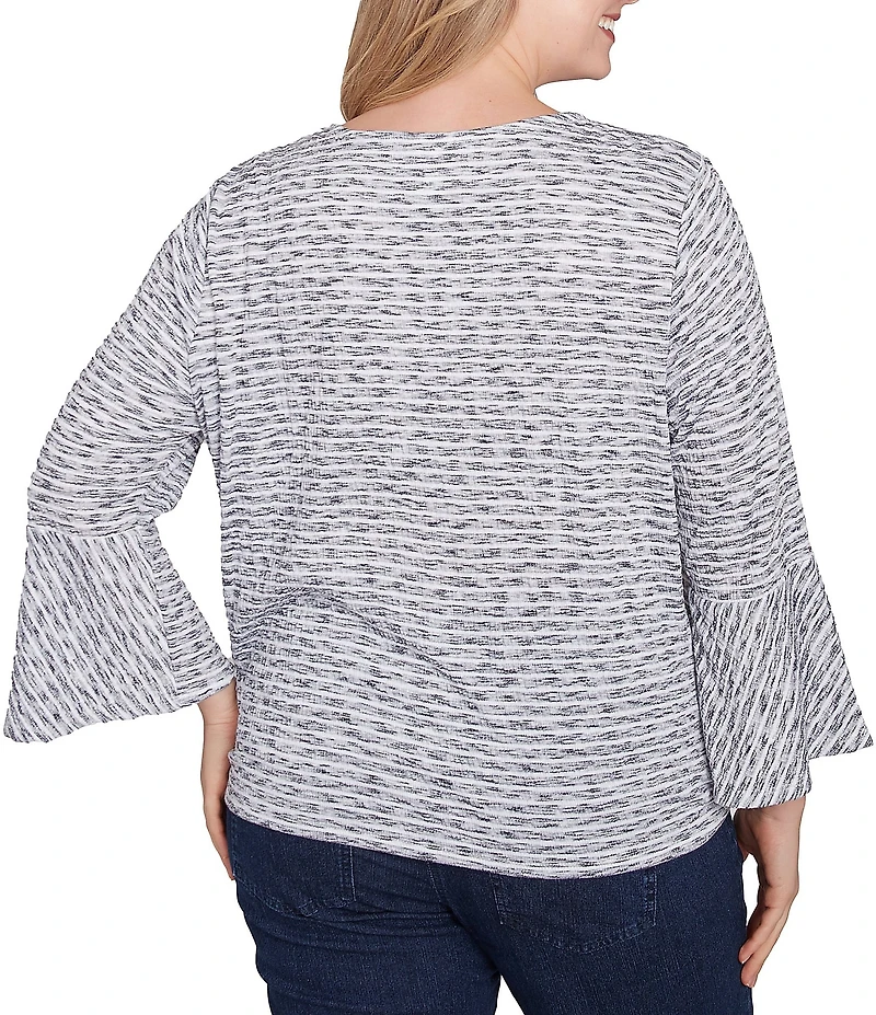 Ruby Rd. Plus Size Puckered Knit Stripe V-Neck 3/4 Sleeve Tie-Front Top