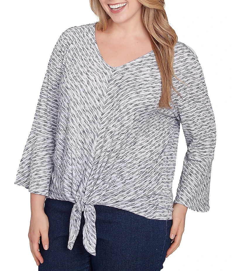 Ruby Rd. Plus Size Puckered Knit Stripe V-Neck 3/4 Sleeve Tie-Front Top