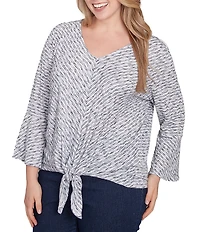 Ruby Rd. Plus Size Puckered Knit Stripe V-Neck 3/4 Sleeve Tie-Front Top