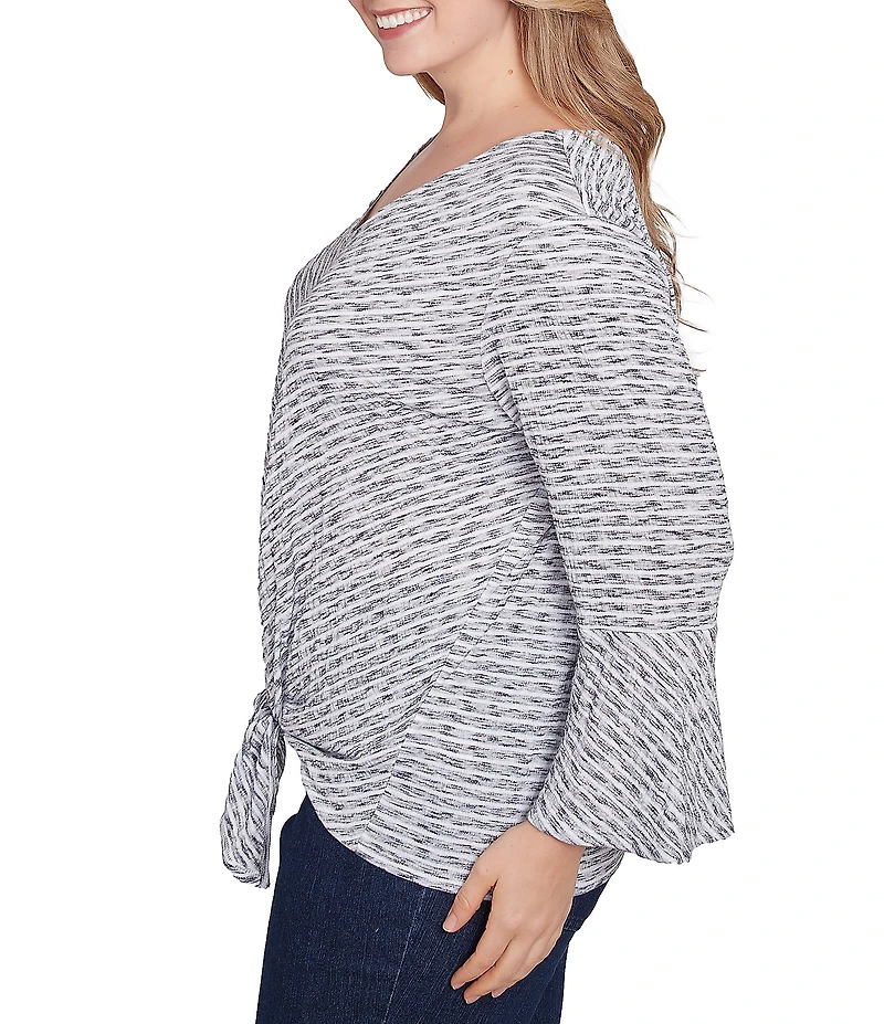 Ruby Rd. Plus Size Puckered Knit Stripe V-Neck 3/4 Sleeve Tie-Front Top