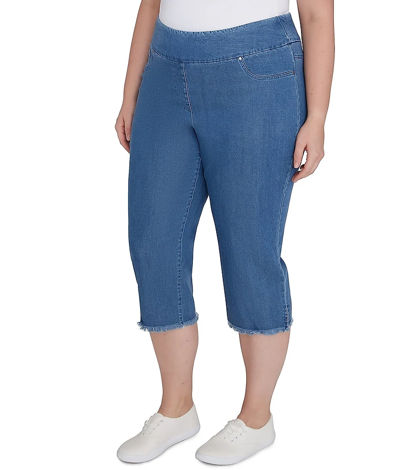 Ruby Rd. Plus Size Relaxed Fringe Hem Pull-On Denim Pants